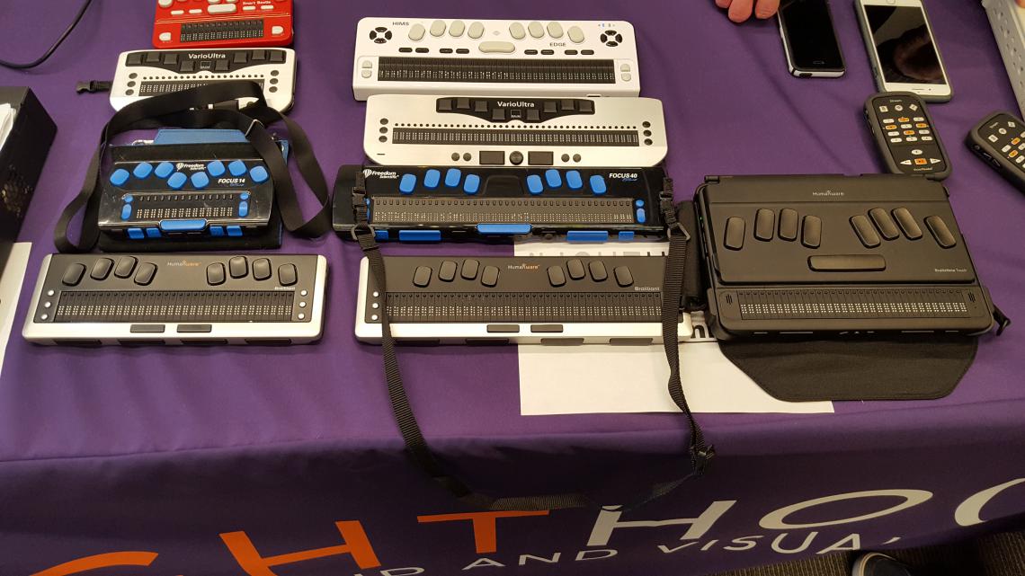 Table of various Braile display devices from Focus40 and VarioUltra As well as an audio book reader from Stream.